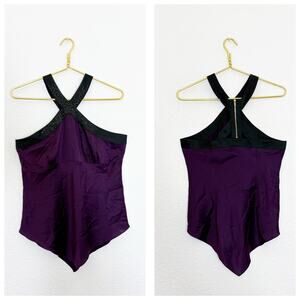 Vintage Y2K Cache Purple Silk Beaded Asymmetric Hem Top Size Medium Satin